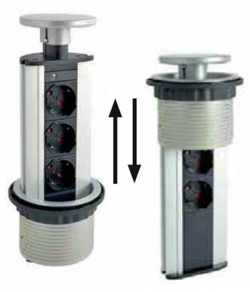 Multipresa a scomparsa con due prese USB per ricarica fino a 2,1A. Estrazione push pull