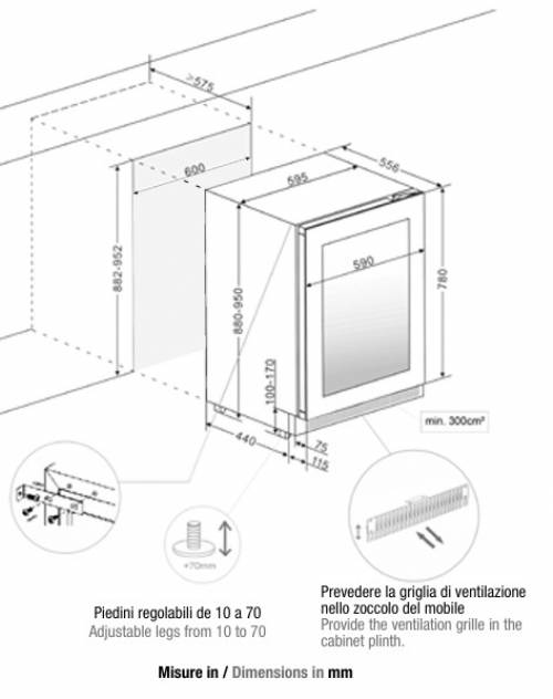 PANDO PVMBP HD 60-52 CRR CANTINA VINO SOTTOPIANO PUSH TO OPEN CERNIERE DESTRE VETRO NERO
